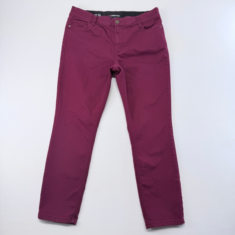 Liz Claiborne Sara Slim Leg Mid-Rise Pants Burgundy Plum 12P Petite